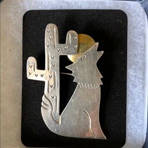 Vintage Sterling Silver Pin Coyote Cactus Moon